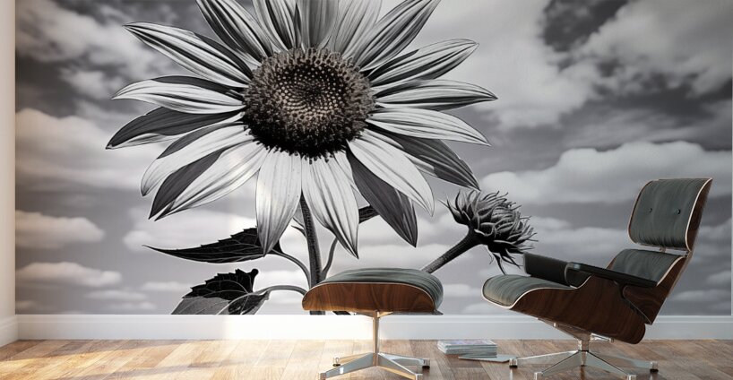 Skyward – Monochrome Sunflower Landscape Print Wall Murals