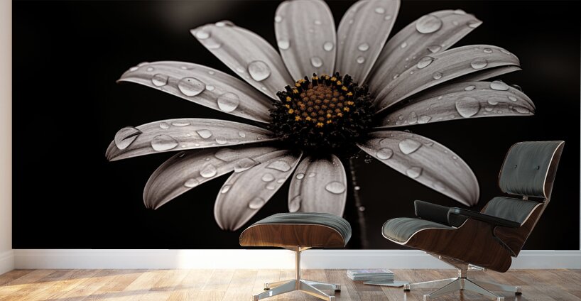 After the Rain – Dew-Kissed Daisy in Monochrome Wall Murals