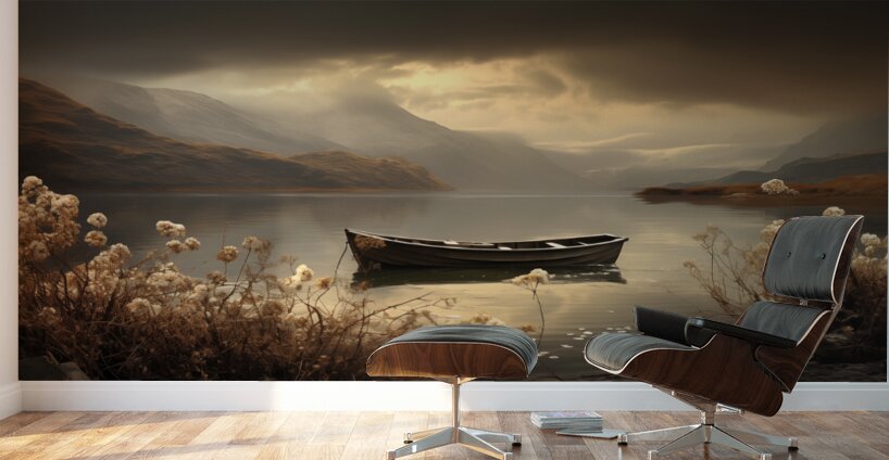 Silent Passage – Golden Boat Landscape Print Wall Murals