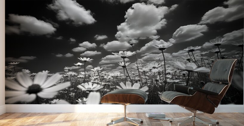 Whispers of the Sky – Monochrome Daisy Field Print Wall Murals