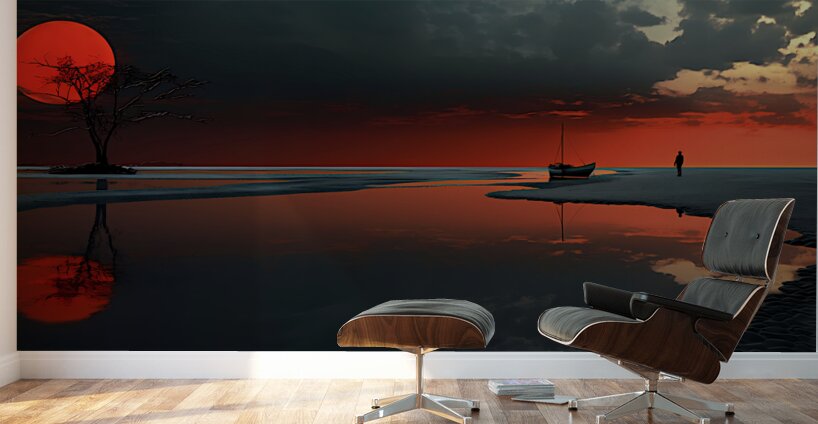 Scarlet Sun Lake – Minimalist Sunset Reflection Print Wall Murals