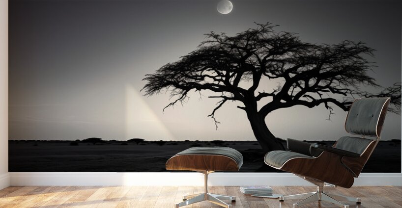 Lone Acacia – Minimalist Tree Landscape Print Wall Murals