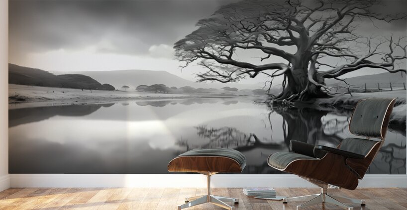 Reflection Tree – Landscape in Black & White Print Wall Murals