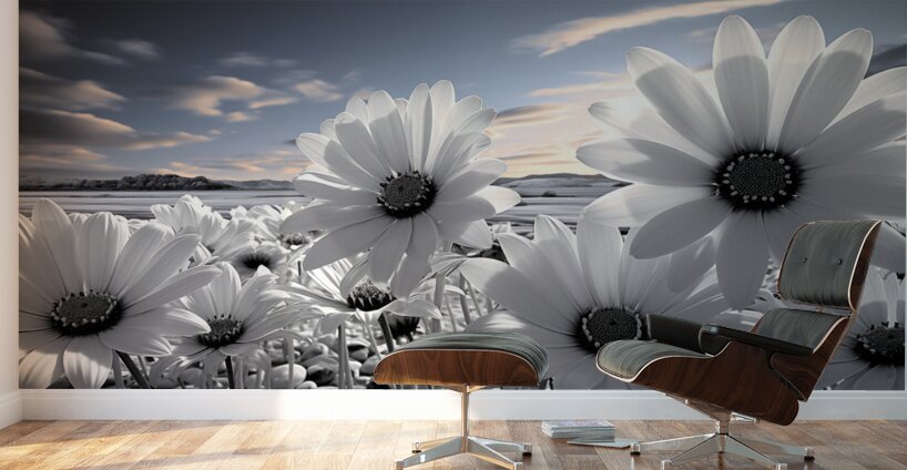 Silent Harmony – Black & White Garden Daisy Art Print Wall Murals