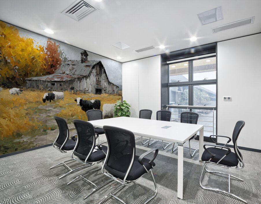 Autumn Barn with Grazing Cows – Farmhouse Landscape Art Print Wall Printing