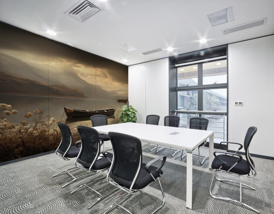 Silent Passage – Golden Boat Landscape Print Wall Printing