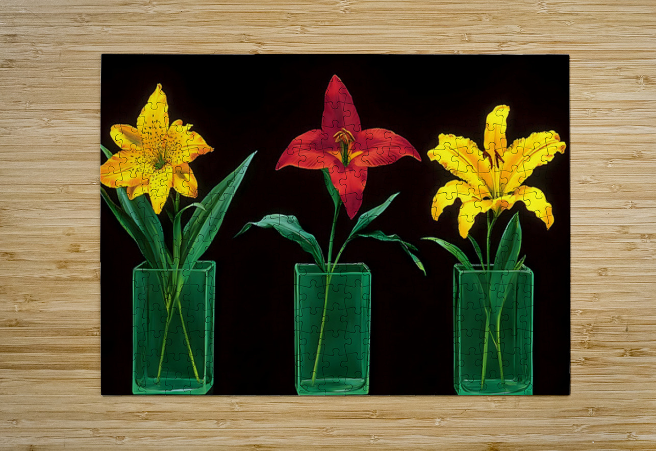 Neon Stems – Trio of Lilies on Black Print Savage Art Prints Puzzle printing