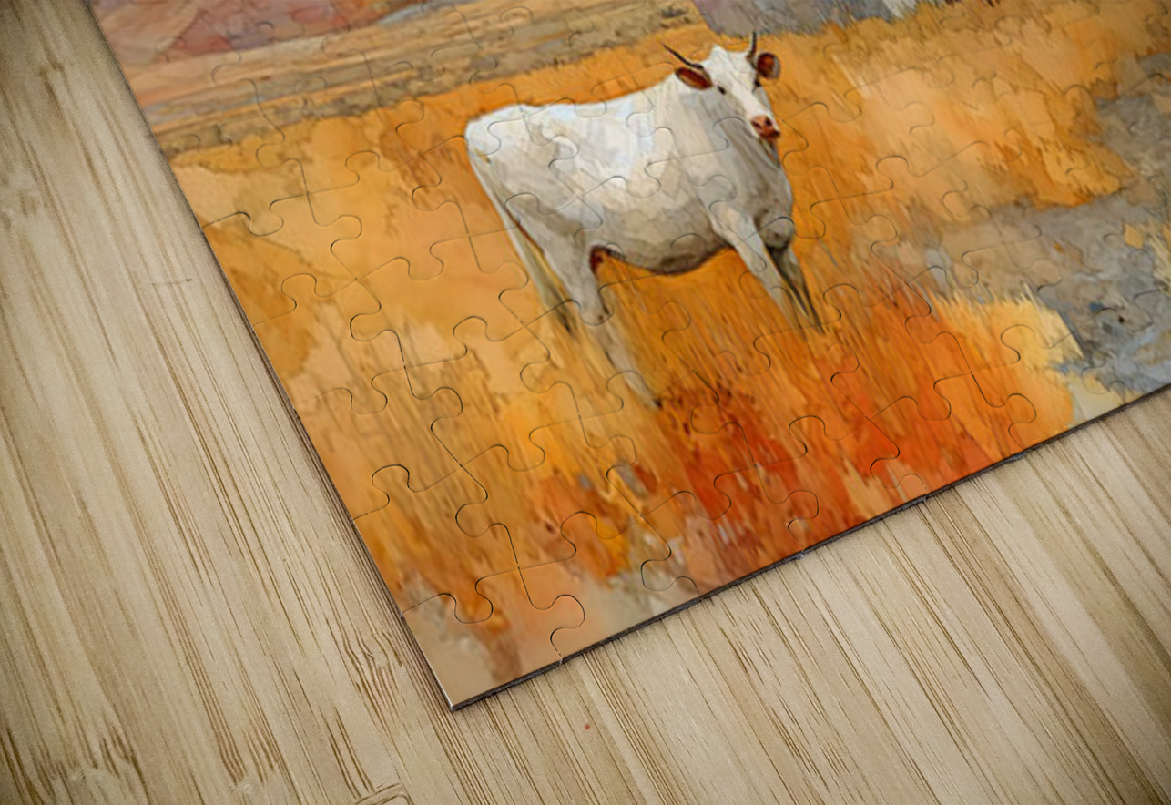 Mosaic Barn & Two White Cows – Farmhouse Landscape Art Print Savage Art Prints Puzzle